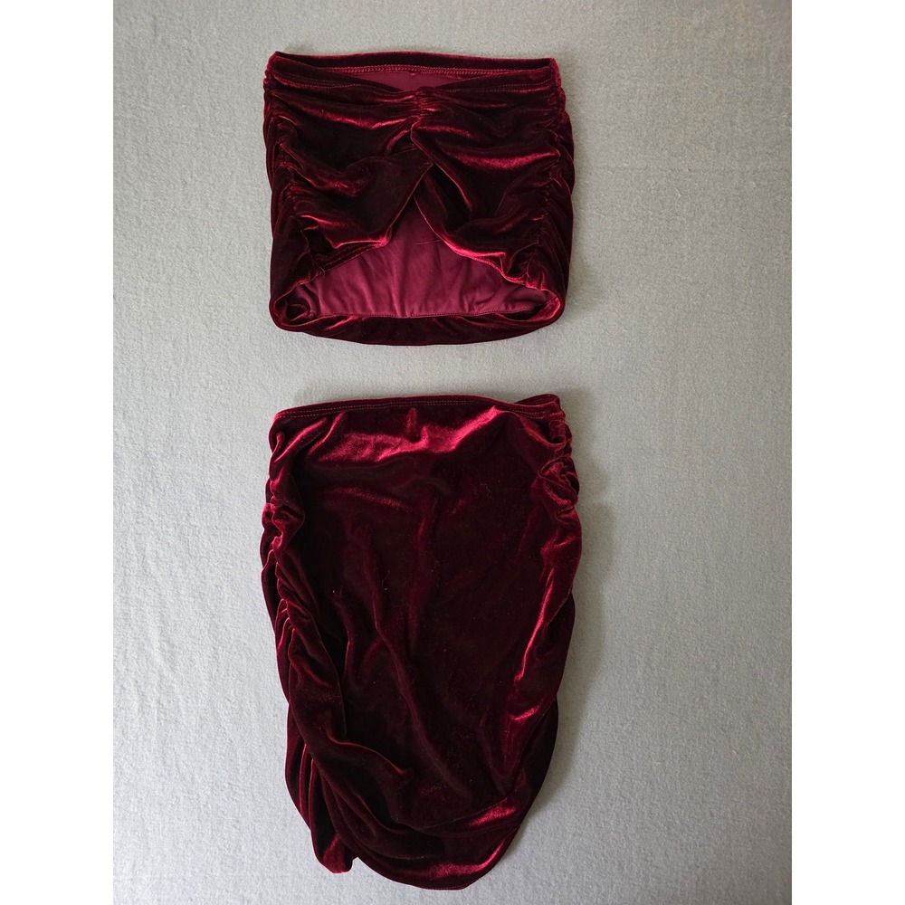 Day & Night Burgundy Red Velvet Ruched 2 Piece Set Strapless Top Mini Skirt XS
